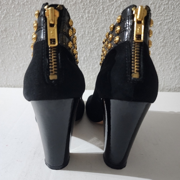 Kat Maconie Black Suede Peep Toe Ankle Booties Gold Studs Zip Heel US 8 EU 39 - Picture 3 of 12